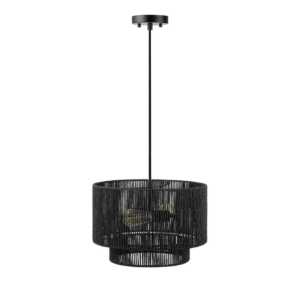Matte Black Metal Drum Pendant Light with Paper Shade