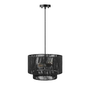 2-Light Matte Black Shaded Pendant Light with Black Paper Twine Shade