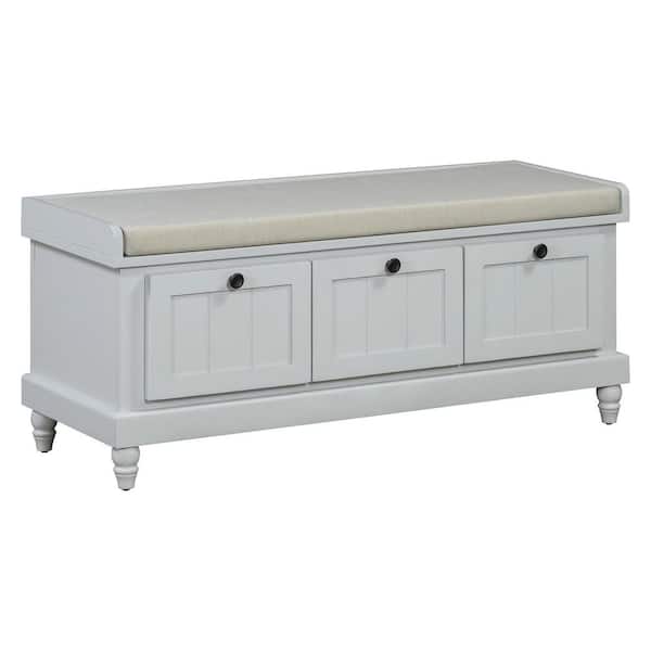 Light Gray Classic Shoe Bench Storage with Cushion and 3 Drawers 44.1 in.