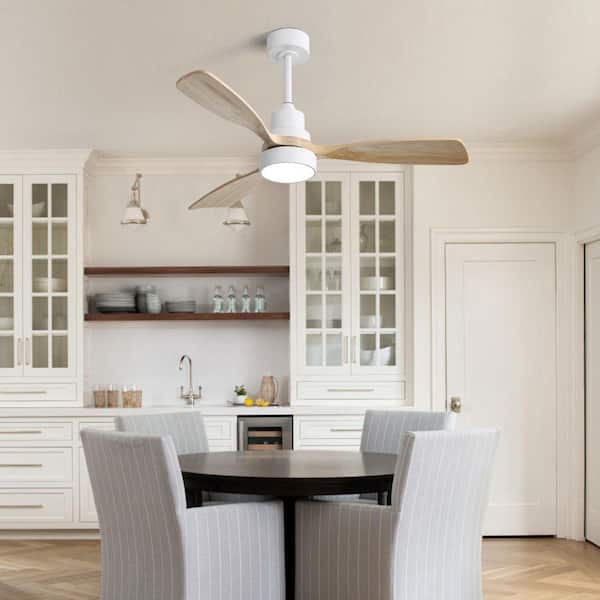 48 in. Indoor White 3 Brown Wood Blades Ceiling Fan with Light, 6 Speed Wind and Remote-Control Reversible DC Motor