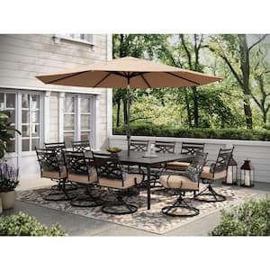 Montclair 11-Piece Steel Outdoor Dining Set with Tan Cushions, 10 Swivel Rockers, 60 in. x 84 in. Table and Umbrella