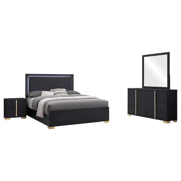 Benjara Dex 4-Piece Black Wood Queen Size Bedroom Set with