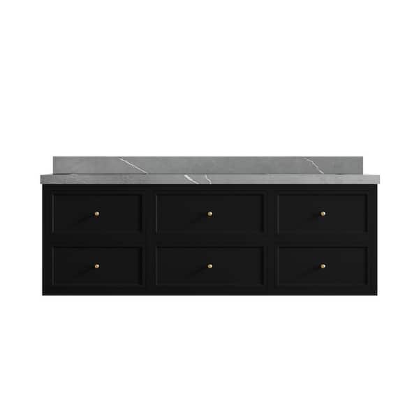 Willow Collections Roswell 72 in. Double Sink Freestanding Black Bath Vanity with Piatra Gray Qt. Top Unassembled