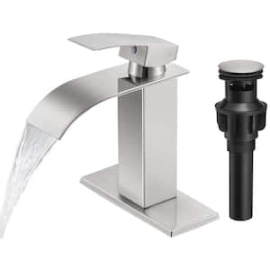 Single Handle Waterfall Spout Single Hole Bathroom Faucet with Deckplate and Pop-Up Drain Assembly in Brushed Nickel