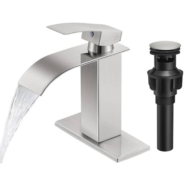 MTTCLE Single Handle Waterfall Spout Single Hole Bathroom Faucet with Deckplate and Pop-Up Drain Assembly in Brushed Nickel
