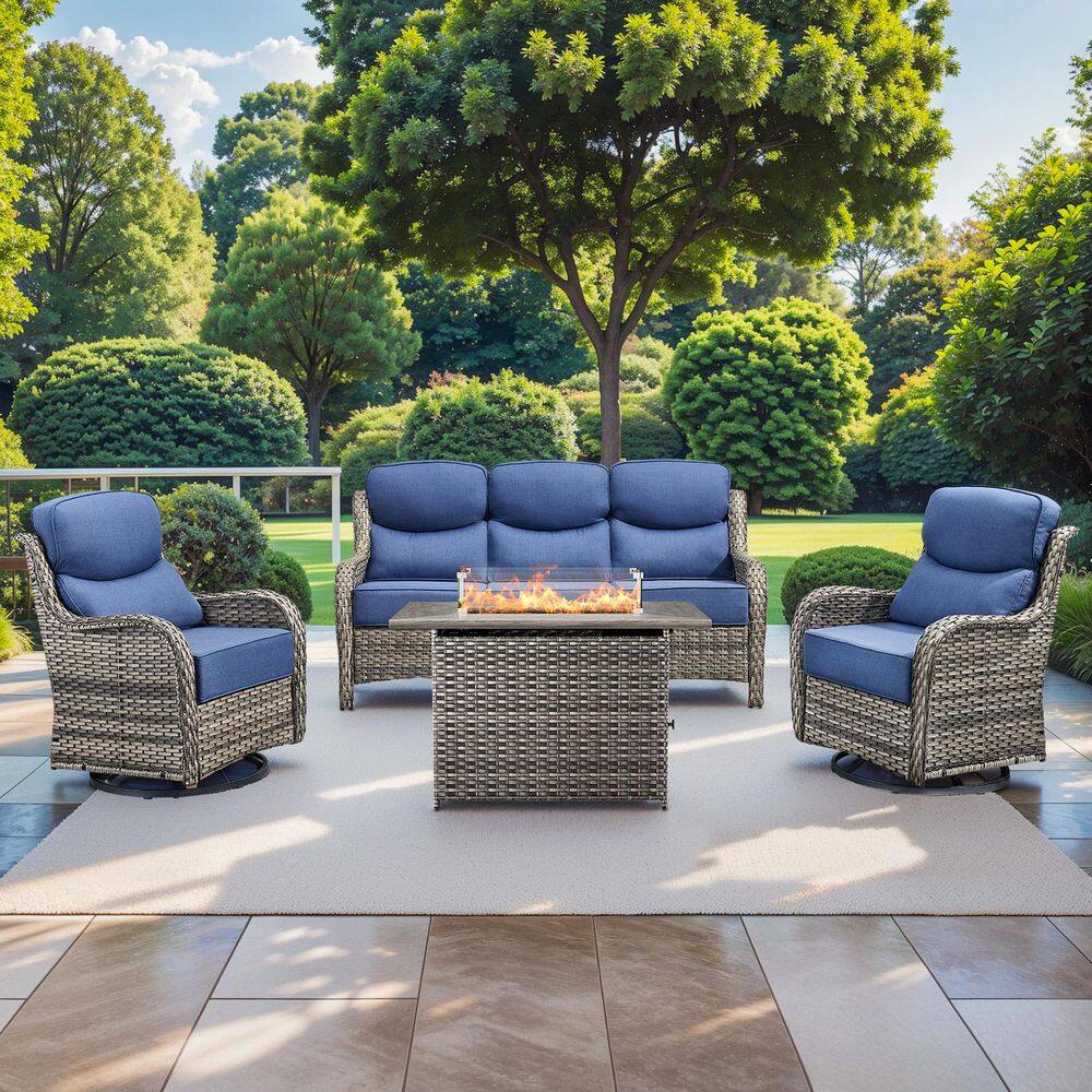 NovaSwivel Gray 4-Piece Wicker Patio Fire Pit Seating Sofa Set Outdoor Conversation Set with 6 in. Thick Blue Cushions price history on PriceWatchPro