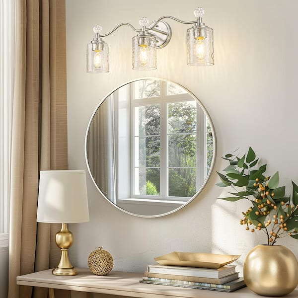 24 in. 3-Light Brushed Nickel Bathroom Vanity Light with Crystal Accents and Clear Hammered Glass Shades