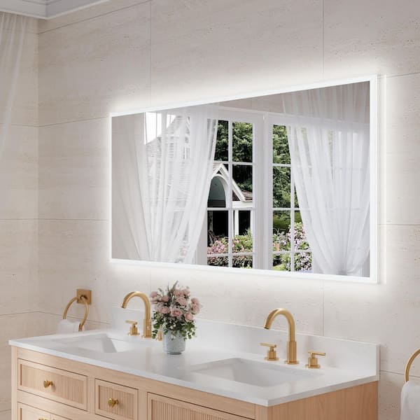 ANGELES HOME 60 in. W x 28 in. H Rectangular Framed LED Wall Bathroom Vanity Mirror with Defogger, Plug-in or Wall-Switch