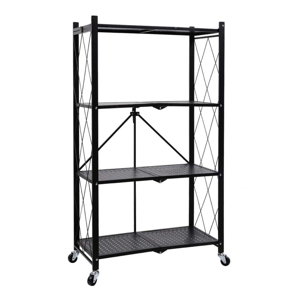 Black Heavy Duty 4-Tier Foldable Metal Rack Storage Shelving Unit with Whee
