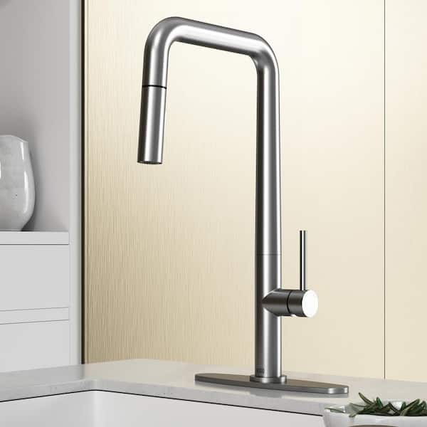 VIGO Parsons Pull-Down Sprayer Kitchen Faucet Set with Deck Plate in Stainless Steel