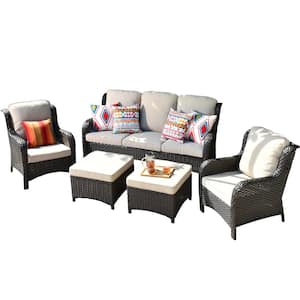 Erie Lake Brown 5-Piece Wicker Outdoor Patio Conversation Seating Sofa Set with Beige Cushions