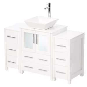 Torino 48 in. Vanity in White with Glass Stone Vanity Top in White with White Basin and Mirror with 2 Side Cabinets