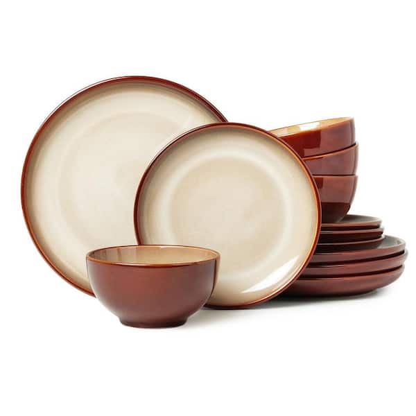 Stoneware Dinnerware Set for 4, 12-Piece Reactive Glaze Plates and Bowls, Handmade Round Dishes Set