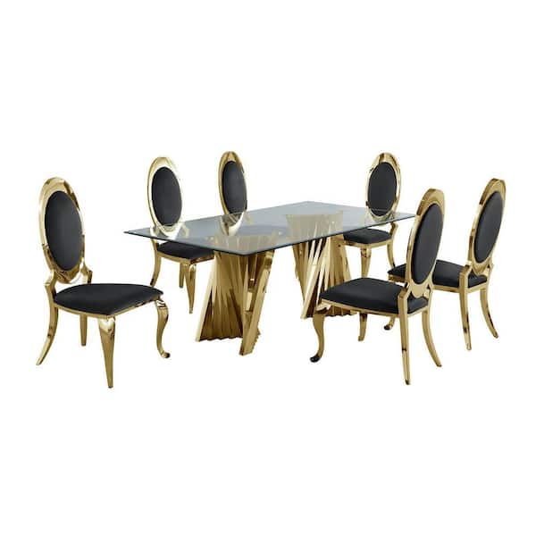 Becky 7-Piece Rectangular Clear Glass Top with Gold Stainless Steel Base Table Set with 6-Black Velvet Chairs