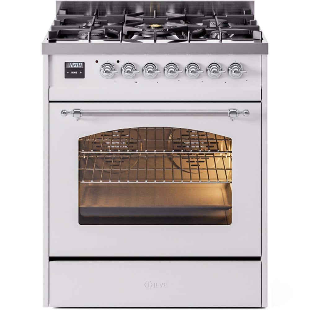 Nostalgie II 30 in. 5 Burner Freestanding Dual Fuel Range in White with Chrome Trim -  ILVE, UP30NMPWHC