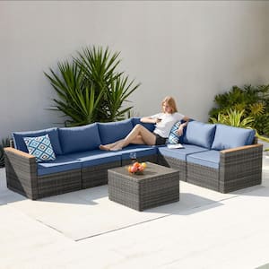 7-Piece Gray Wicker Outdoor Sectional Sofa Set with Table and Blue Cushions