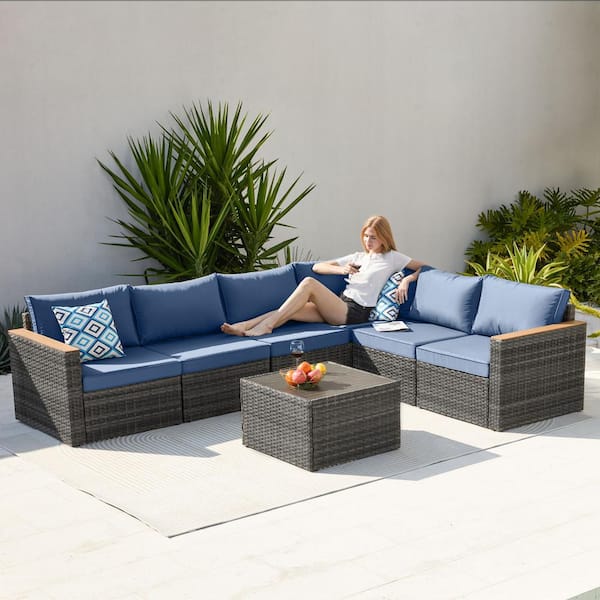 Cesicia 7-Piece Gray Wicker Outdoor Sectional Sofa Set with Table and Blue Cushions