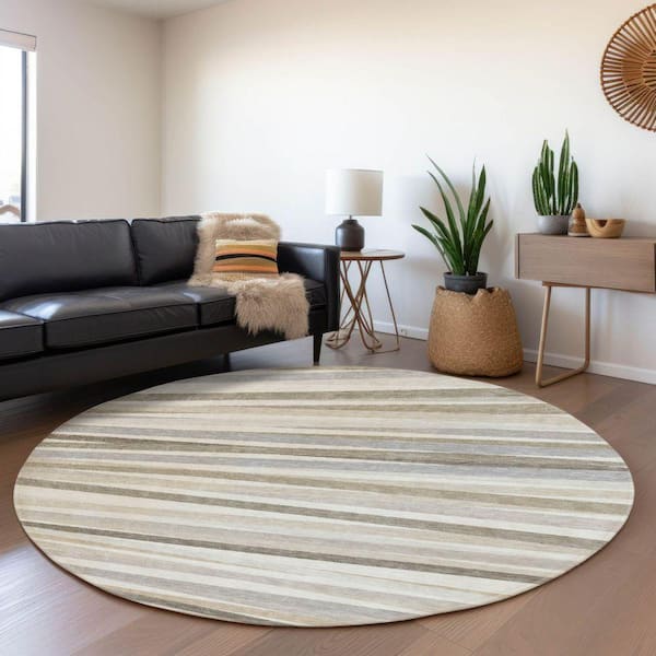 Mayfield Premium Machine Washable Abstract AMF997 Ivory 8 ft. x 8 ft. Round Rug