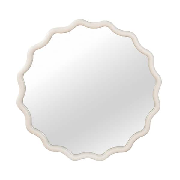 White 36 in. W x 36 in. H Wavy Round Solid Wood Frame Wall Mounted Decorative Mirror, For Bedroom, Bathroom, Living Room