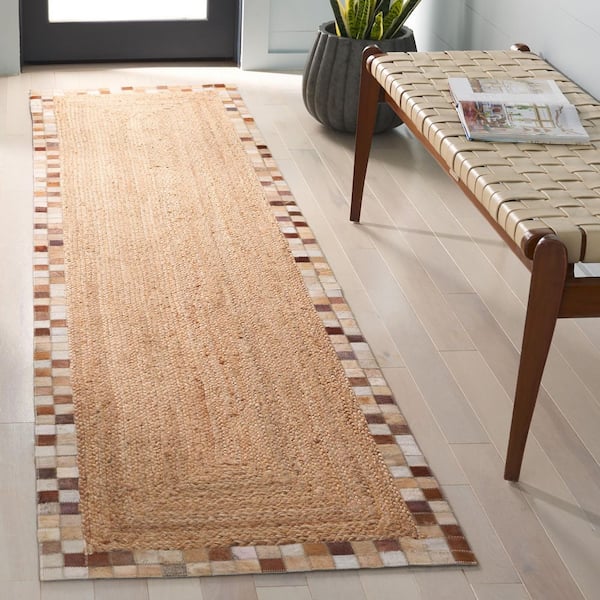 Natural Fiber 2 ft. x 9 ft. Natural/Brown Woven Border Runner Rug