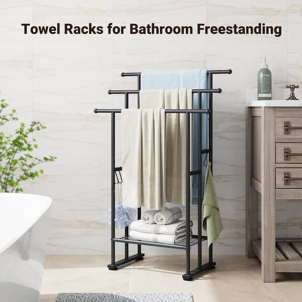 3 Tier 3 Towel Holders Standing Towel Rack in Matte Black, 40 in. Freestanding Tall Towel Drying Rack Outdoor with Shelf