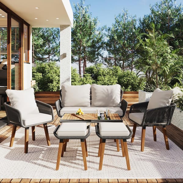 Sudzendf 6-Piece Wood Rope Patio Furniture Set, Outdoor Furniture Deep Seat Patio Conversation Set with Beige Cushions