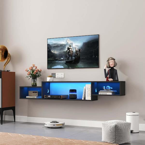 Unbranded 65.35 in. W x 9.06 in. D Black Floating TV Stand Media Console Decorative Wall Shelf with LED Lights