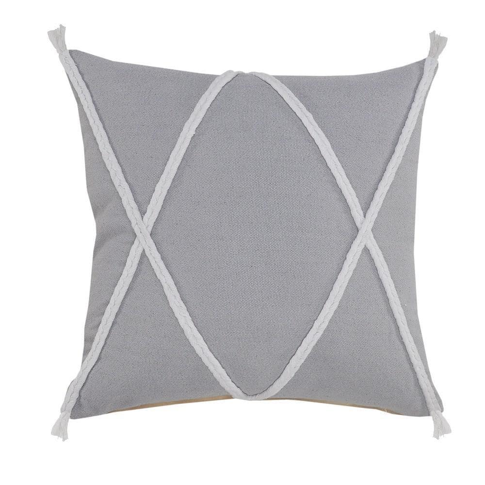 Loop Light Gray/White Geometric Braided Tasseled Soft Poly-Fill 20 in. x 20
