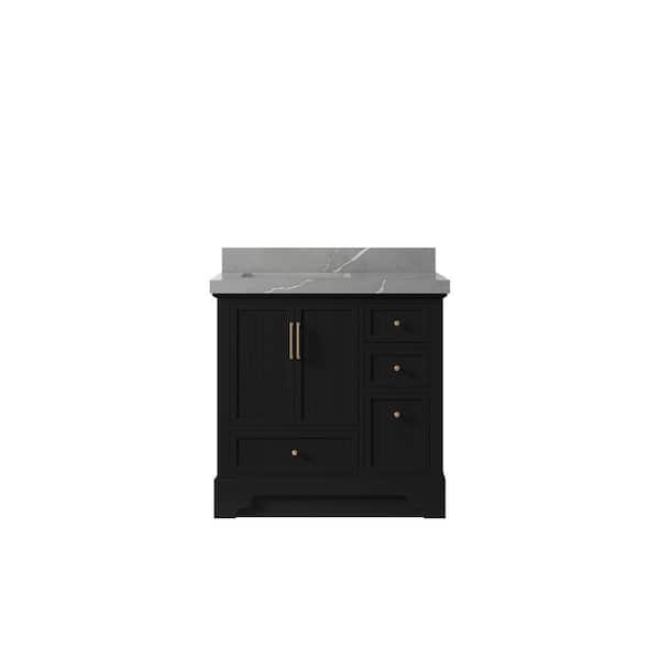 Willow Collections Alys 36 in. W x 22 in. D x 36 in. H Left Offset Single Sink Bath Vanity in Black with 2 in. Piatra qt Top