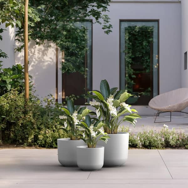 Sapcrete 11.5in., 13.5in., 9.5in. Dia Crisp White Large Tall Round Concrete Plant Pot / Planter for Indoor & Outdoor Set of 3