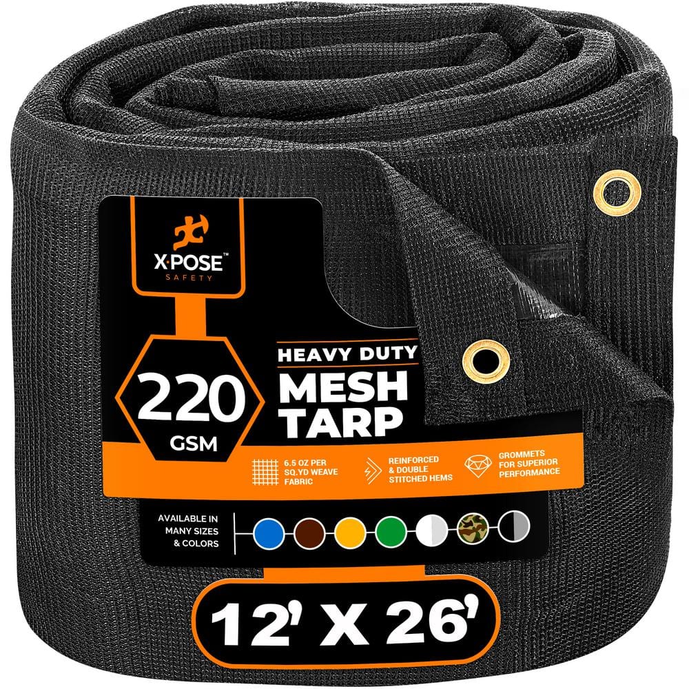 XPOSE SAFETY Heavy-Duty Mesh Tarp 12 ft. x 26 ft. Multi-Purpose Black ...