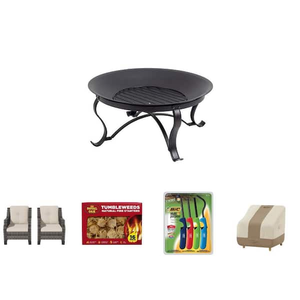 29.33 in. Fire Pit, Wicker Patio Set, Fire Starter (16-Pack), Lighter (4-Pack) and Chair Cover Combo