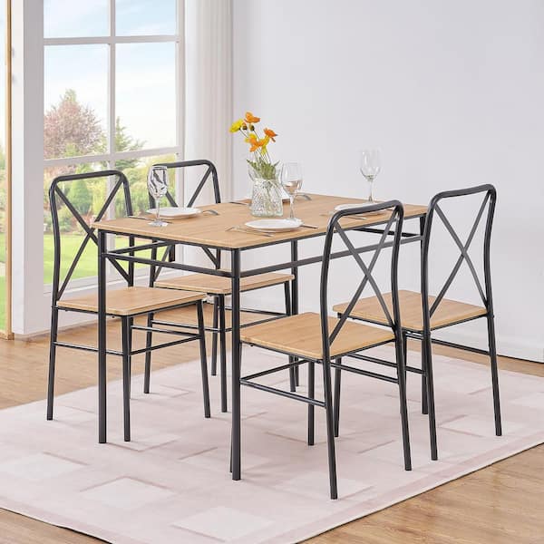 VECELO 5-Piece Dining Table Set for 4-Modern Brown Wood Plus Black