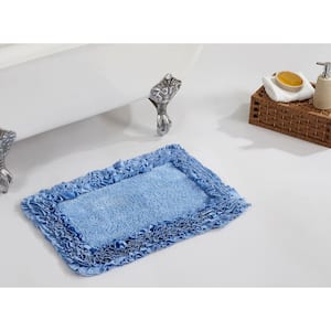 Shaggy Border Collection Blue 17 in. x 24 in. 100% Cotton Bath Rug