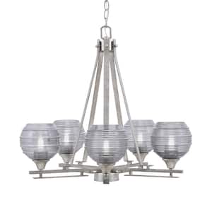 Ontario 23 in. 5-Light Aged Silver Geometric Chandelier for Dinning Room with Smoke Ribbed Shades No Bulbs Included