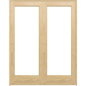 60 in. x 80 in. Universal 1-Lite Clear Glass Unfinished Pine Double Prehung Interior French Door with Nickel Hinges