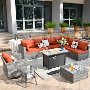 Messi Gray 10-Piece Wicker Outdoor Patio Conversation Sectional Sofa Set with a Metal Fire Pit and Orange Red Cushions