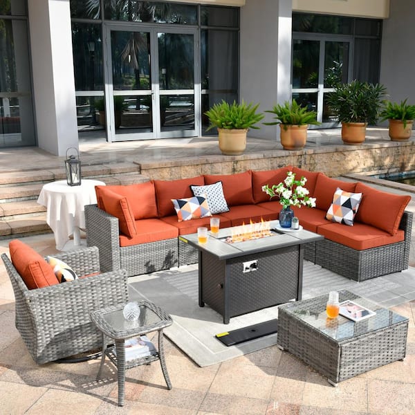 HOOOWOOO Messi Gray 10-Piece Wicker Outdoor Patio Conversation Sectional Sofa Set with a Metal Fire Pit and Orange Red Cushions