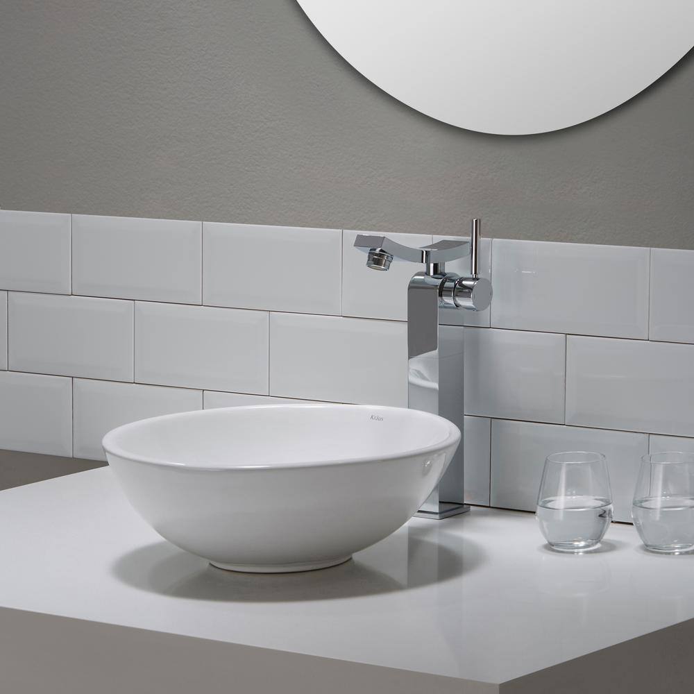 Elavo White Ceramic Round Vessel Sink with Brushed Nickel Drain