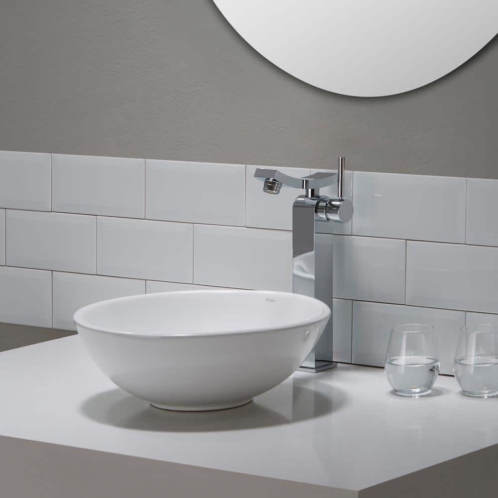 Elavo White Ceramic Round Vessel Sink with Oil Rubbed Bronze Drain