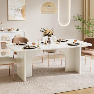 Halseey Modern Cream White Wood 63 in. Pedestal Dining Table Seats 4-6