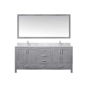 Jacques 72 in. W x 22 in. D Distressed Grey Double Bath Vanity, Carrara Marble Top, Faucet Set, and 70 in. Mirror