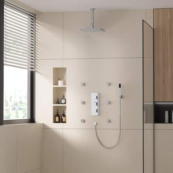 6-Spray 12 in. LED Light Thermostatic Dual Shower Heads Ceiling Mount Fixed and Handheld Shower Head 2.5 GPM in Chrome