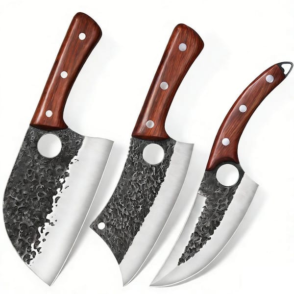 3-Piece Stainless Steel Knife Set with Wood Handle, Hand Forged Knives Set for Home, Outdoor Cooking, Camping BBQ