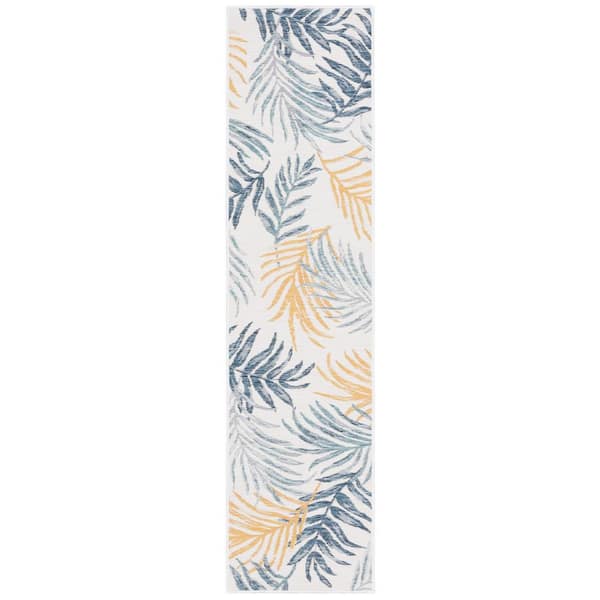 SAFAVIEH Sunrise Ivory/Blue Gold 2 ft. x 8 ft. Oversized Tropical Reversible Indoor/Outdoor Runner Rug