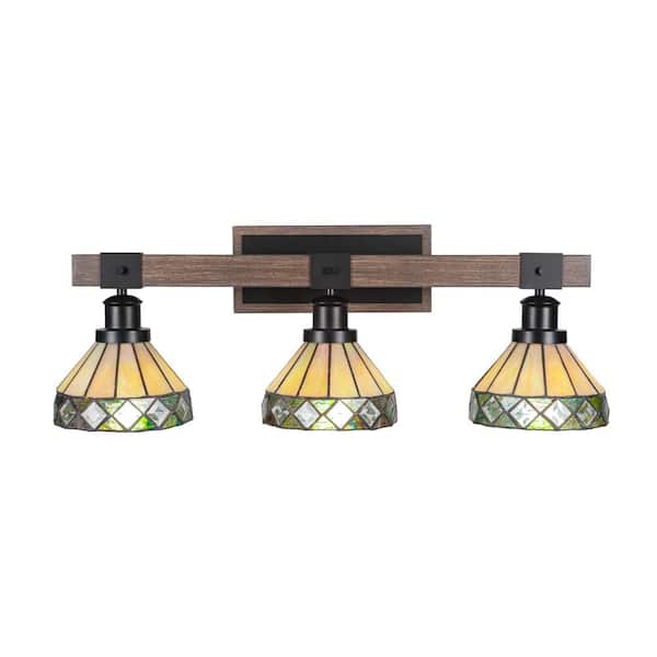 Unbranded Richmond 27.25 in. 3-Light Vanity Light Matte Black and Painted Wood-look Metal with 7 in. Art Glass no bulbs included