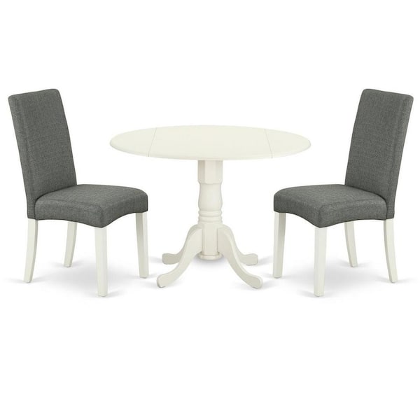 East West Furniture 3-Piece Linen White Finish Solid Wood Top-Round Dining Room Set with Dropleaf-Seats 4