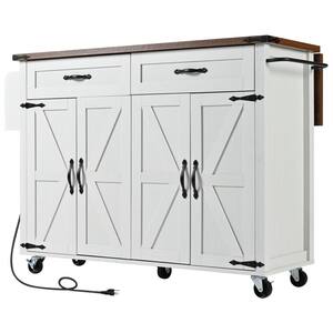 White 53.5 in. Outdoor Kitchen Island Kitchen Storage Island with Power Outlet, Drop Leaf, Rolling Grill Cart on Wheels