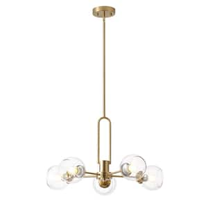 Kinlea 5 Light Golden Mid Century Sputnik Sphere Chandelier with Clear Glass Lampshade for Kitchen, Living Room, Foyer