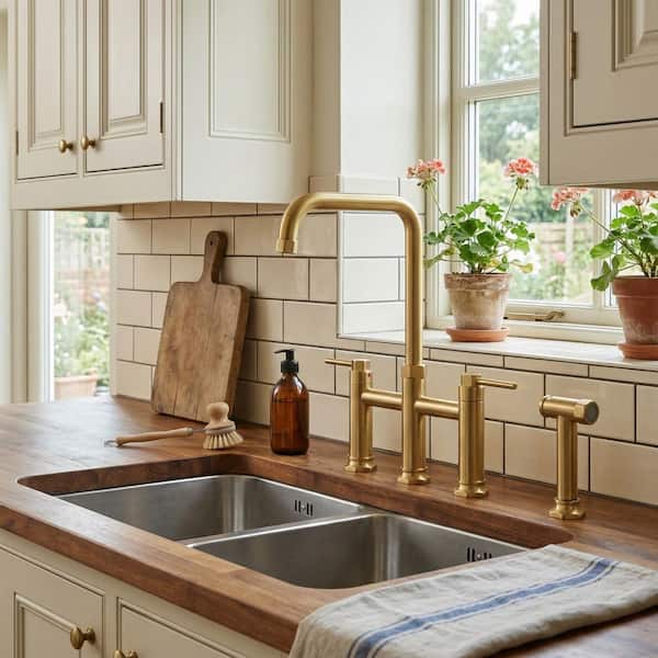 Brass Double Handle Bridge Kitchen Faucet with Side Sprayer in Gold